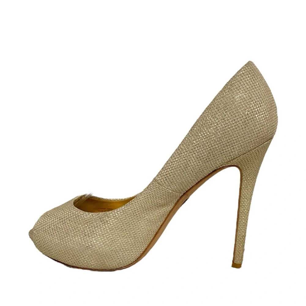Badgley Mischka Leather Glitter Accents Winter Peep Toe Platform Pumps Champagne